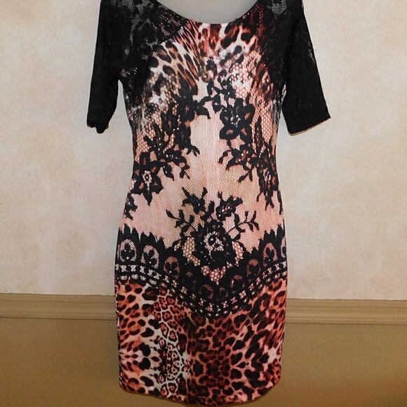VENUS Sexy Leopard Lace Dress Stretch BodyCon Sheer Sleeve sz M - Picture 2 of 6